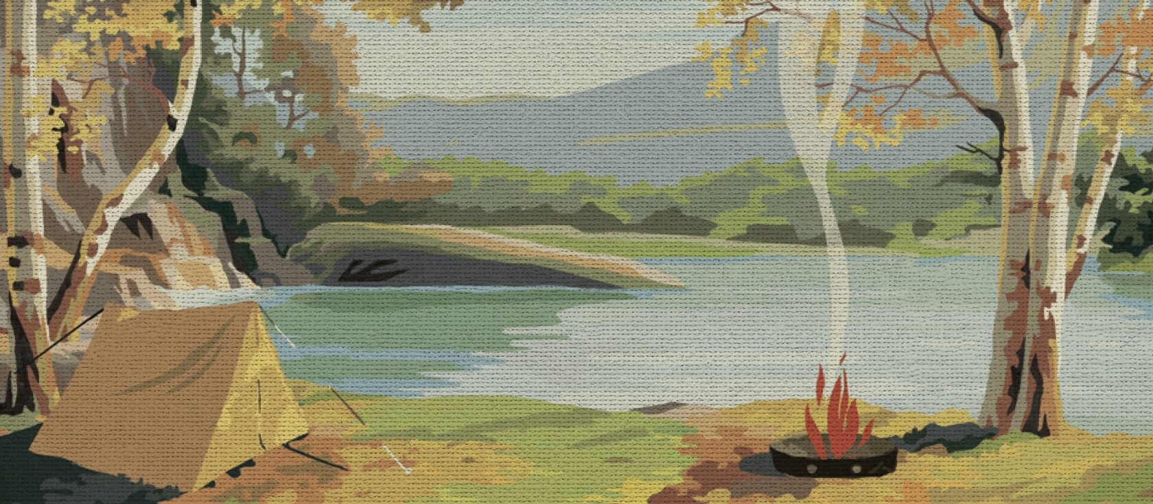 animated picture with a tent and a lake and bone fire