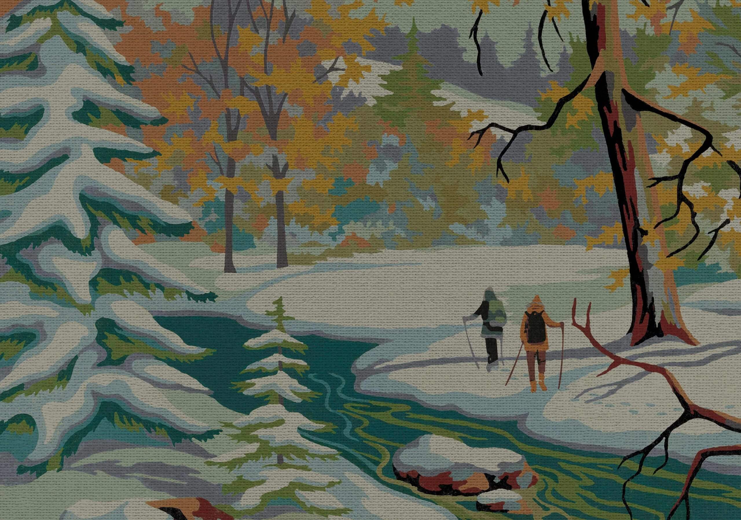 animated picture with 2 people hiking in the snow beside a river